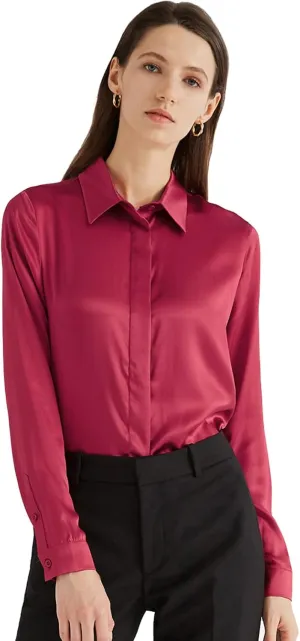 Escalier Women's Silk Blouse Long Sleeve Satin Button Down Shirt Casual Work Office Silky Blouse Top