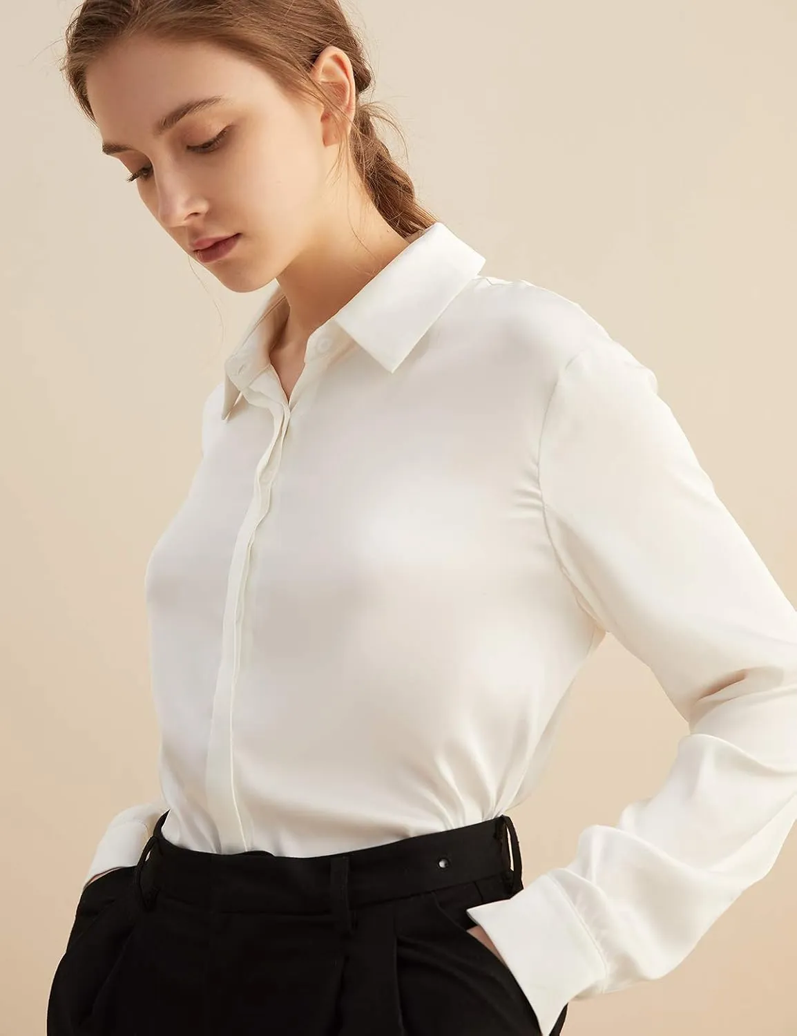 Escalier Women's Silk Blouse Long Sleeve Satin Button Down Shirt Casual Work Office Silky Blouse Top