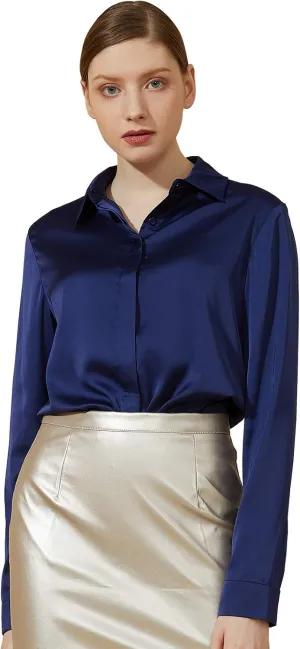 Escalier Women's Silk Blouse Long Sleeve Satin Button Down Shirt Casual Work Office Silky Blouse Top