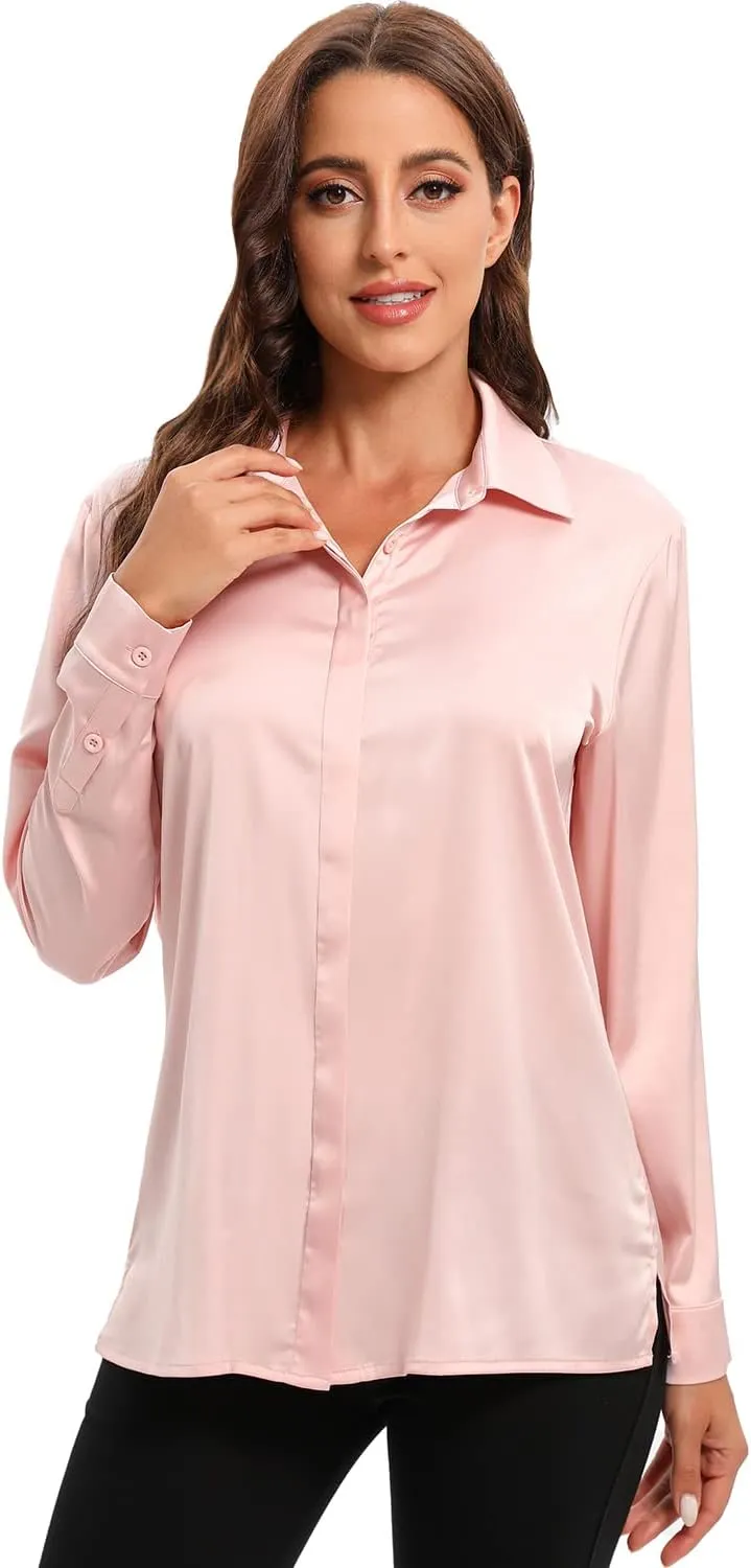 Escalier Women's Silk Blouse Long Sleeve Satin Button Down Shirt Casual Work Office Silky Blouse Top