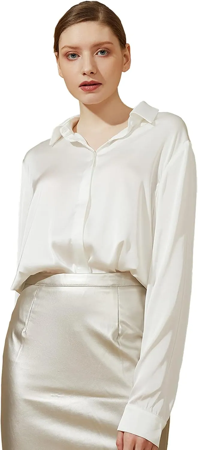 Escalier Women's Silk Blouse Long Sleeve Satin Button Down Shirt Casual Work Office Silky Blouse Top