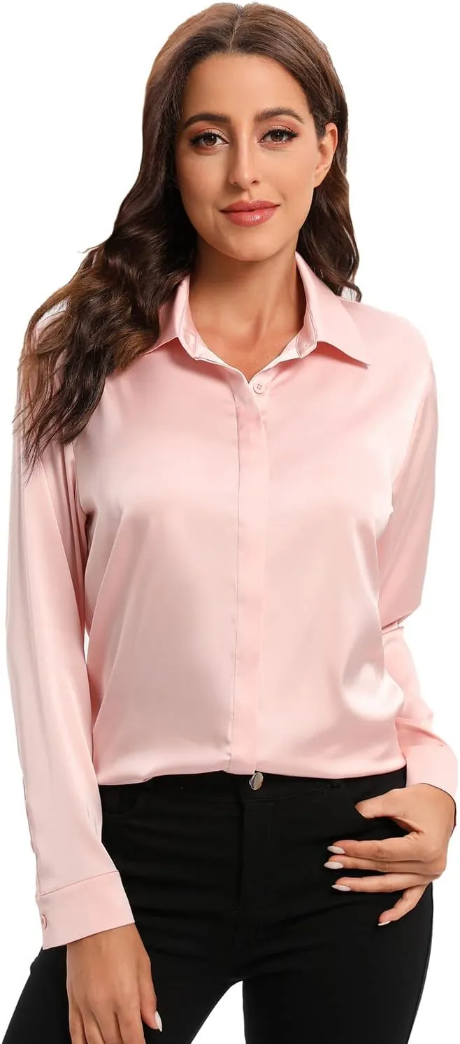 Escalier Women's Silk Blouse Long Sleeve Satin Button Down Shirt Casual Work Office Silky Blouse Top