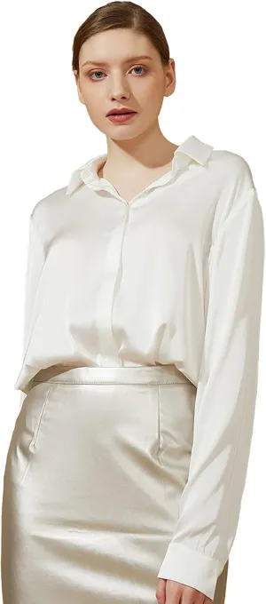 Escalier Women's Silk Blouse Long Sleeve Satin Button Down Shirt Casual Work Office Silky Blouse Top