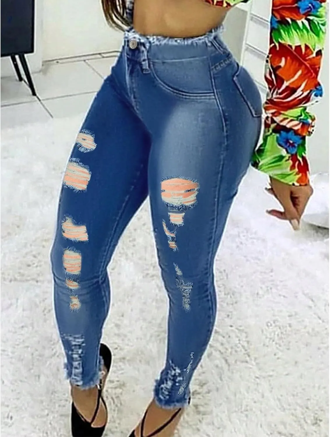 fanmpghleoo Ripped Jeans Womens High Waisted Skinny Jeans Trendy Jeggings with Pockets Denim Joggers Distressed Cowgirl Pants