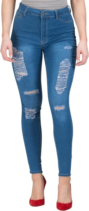 FASHION-LAND High Waisted Skinny Denim Distressed Ripped Jeans Pants Summer