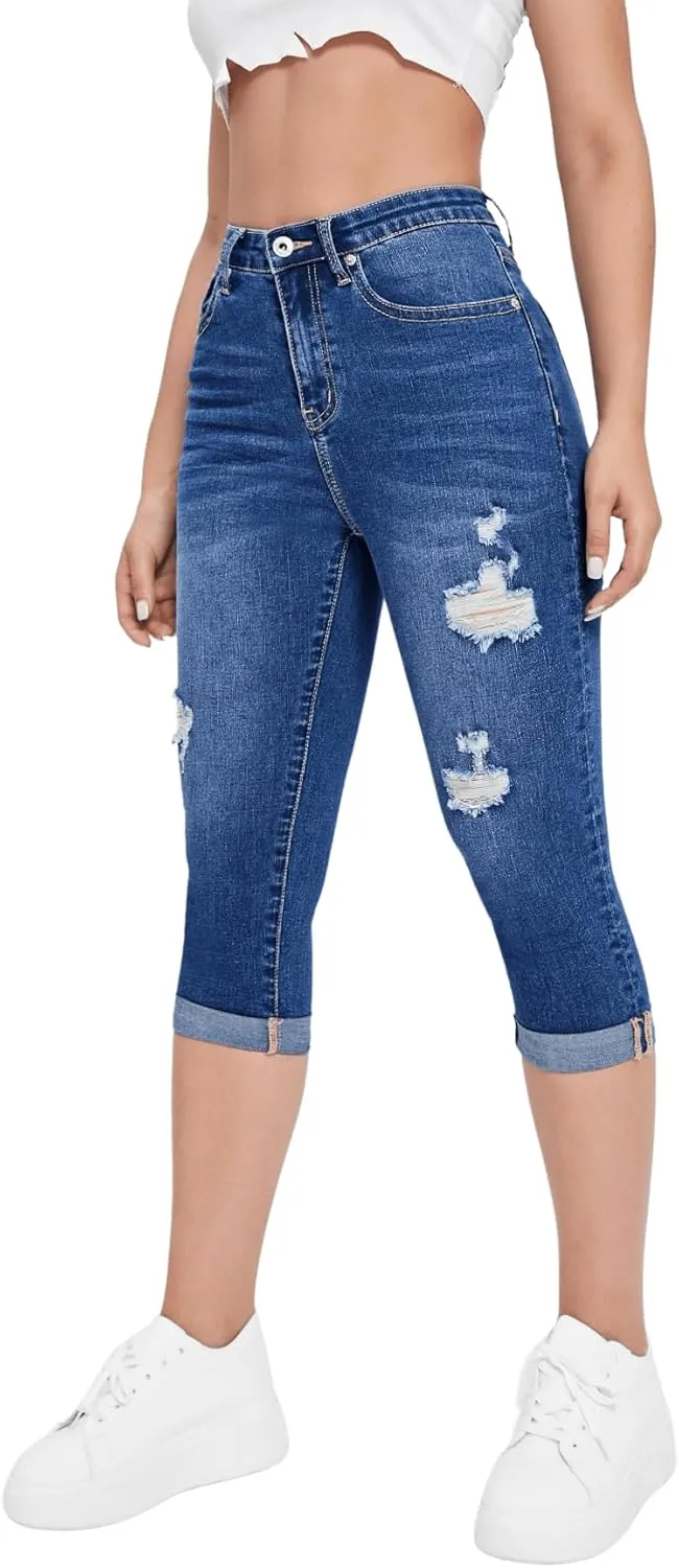 Floerns Women's High Waisted Skinny Jeans Ripped Roll Up Capri Denim Pants