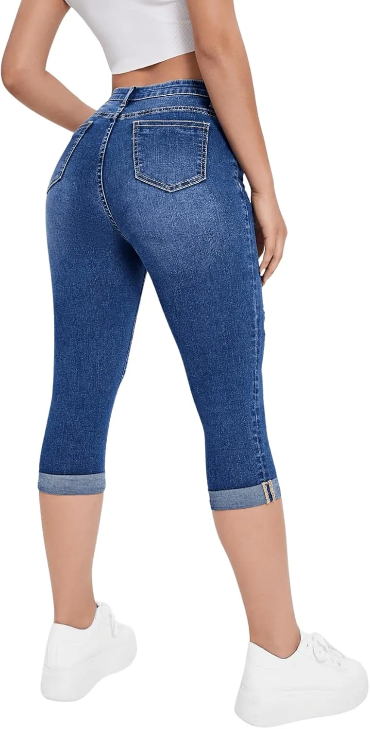 Floerns Women's High Waisted Skinny Jeans Ripped Roll Up Capri Denim Pants