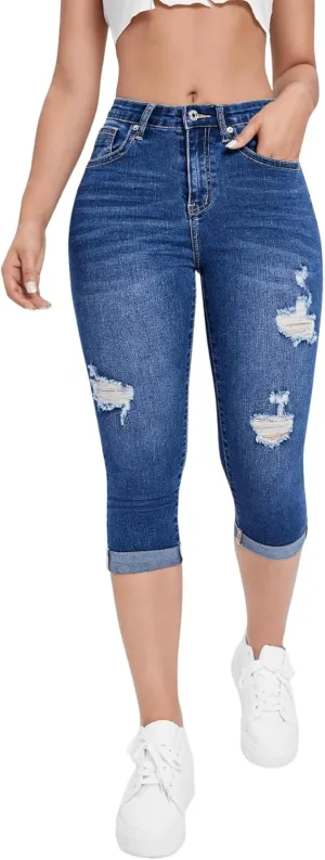 Floerns Women's High Waisted Skinny Jeans Ripped Roll Up Capri Denim Pants
