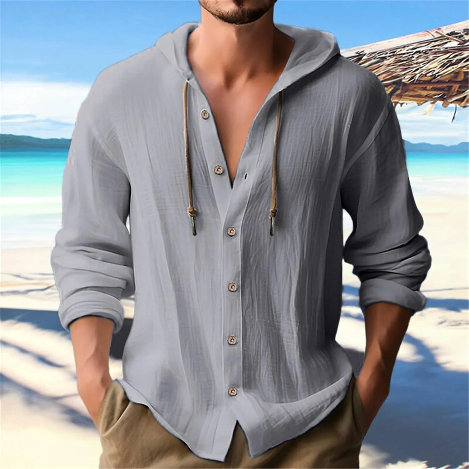 generic Mens Long Sleeve Linen Shirts Drawstring Hooded Sweatshirt Casual Fall Button Shirts Boys Trendy Streetwear Loose Fit