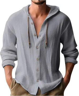 generic Mens Long Sleeve Linen Shirts Drawstring Hooded Sweatshirt Casual Fall Button Shirts Boys Trendy Streetwear Loose Fit
