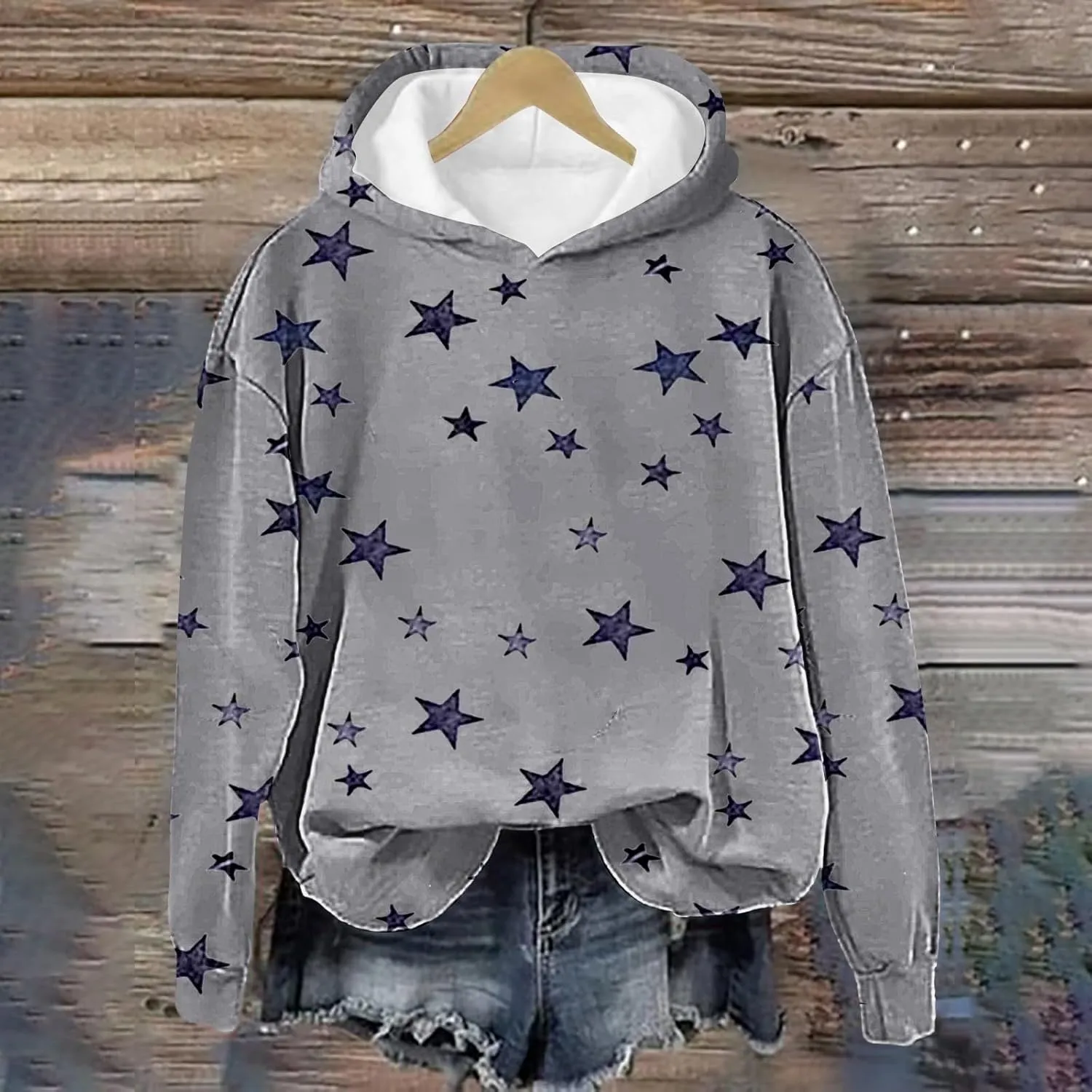 GIERIDUC Womens Oversized Hoodies Stars Printed Graphic Fleece Sweatshirts Long Sleeve Hooded Sweaters Pullover Fall Outfits