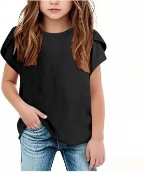 Girls Linen Shirts Casual Short Sleeve Crewneck Tops Cute Plain Backless Tees Loose Lightweight Flowy Summer Blouse
