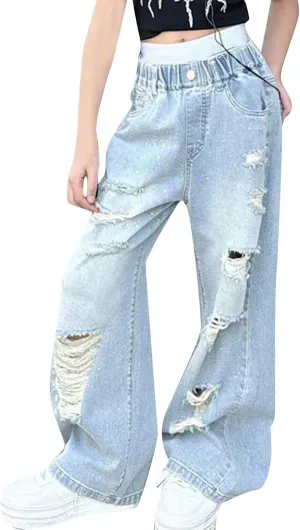 Girl's Y2k Distressed Ripped Jeans Baggy High Rise Wide Leg Raw Hem Denim Pants Summer Loose Straight Trousers with Pockets