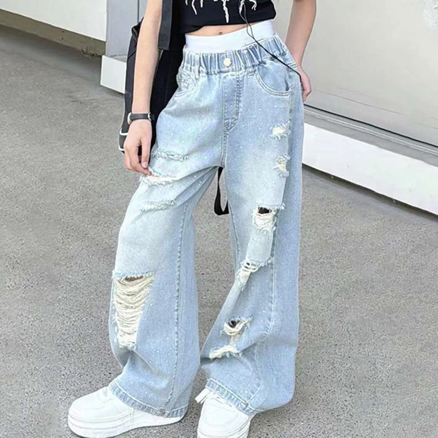 Girl's Y2k Distressed Ripped Jeans Baggy High Rise Wide Leg Raw Hem Denim Pants Summer Loose Straight Trousers with Pockets