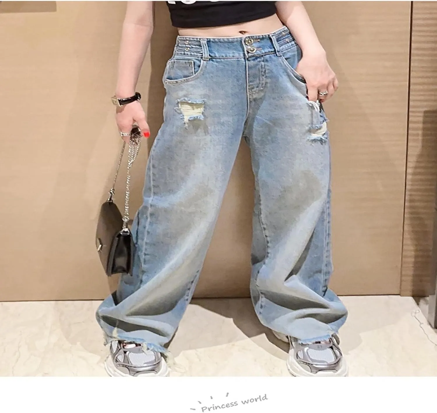 Girl's Y2k Distressed Ripped Jeans Baggy High Rise Wide Leg Raw Hem Denim Pants Summer Loose Straight Trousers with Pockets