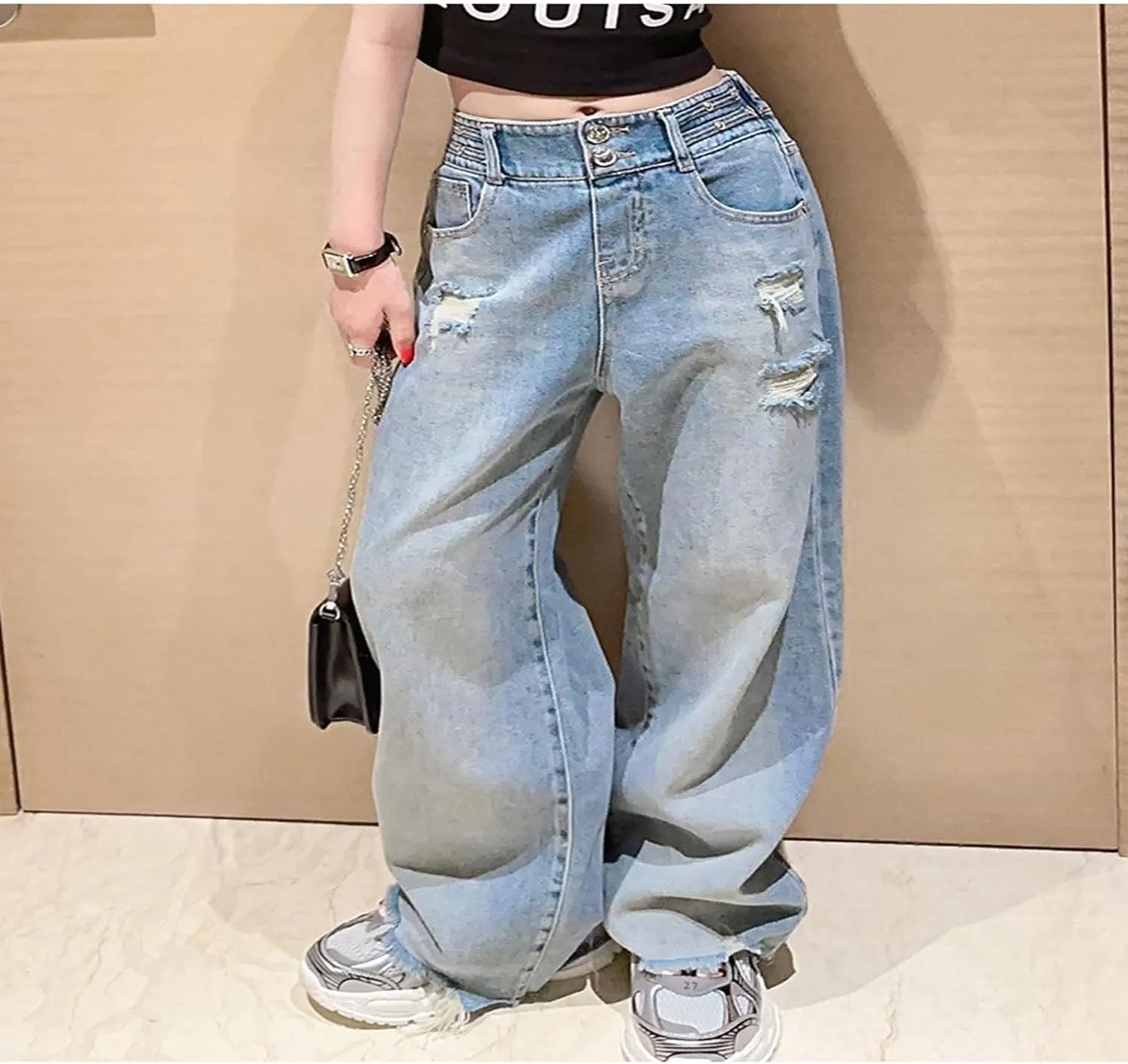 Girl's Y2k Distressed Ripped Jeans Baggy High Rise Wide Leg Raw Hem Denim Pants Summer Loose Straight Trousers with Pockets