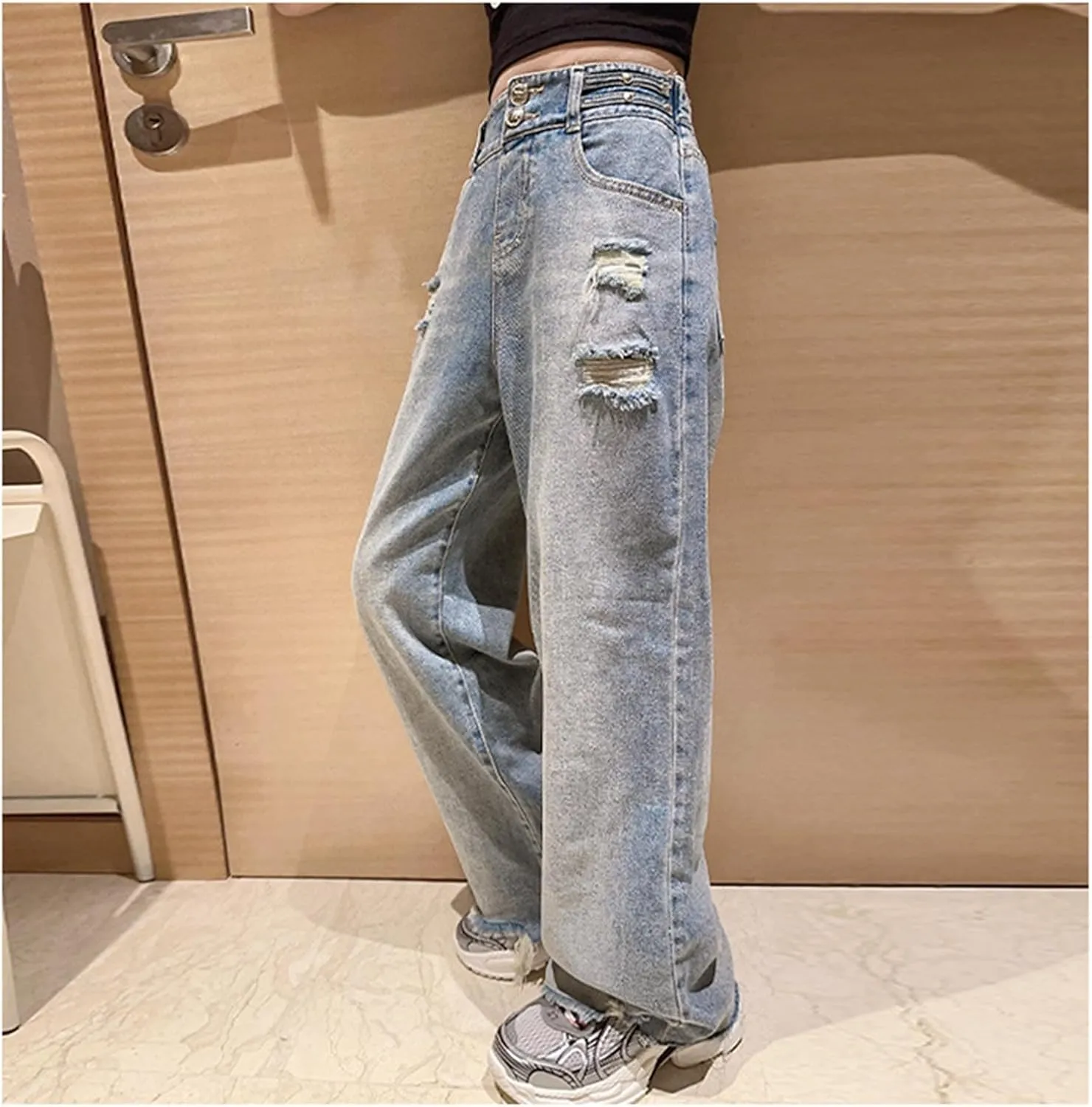 Girl's Y2k Distressed Ripped Jeans Baggy High Rise Wide Leg Raw Hem Denim Pants Summer Loose Straight Trousers with Pockets