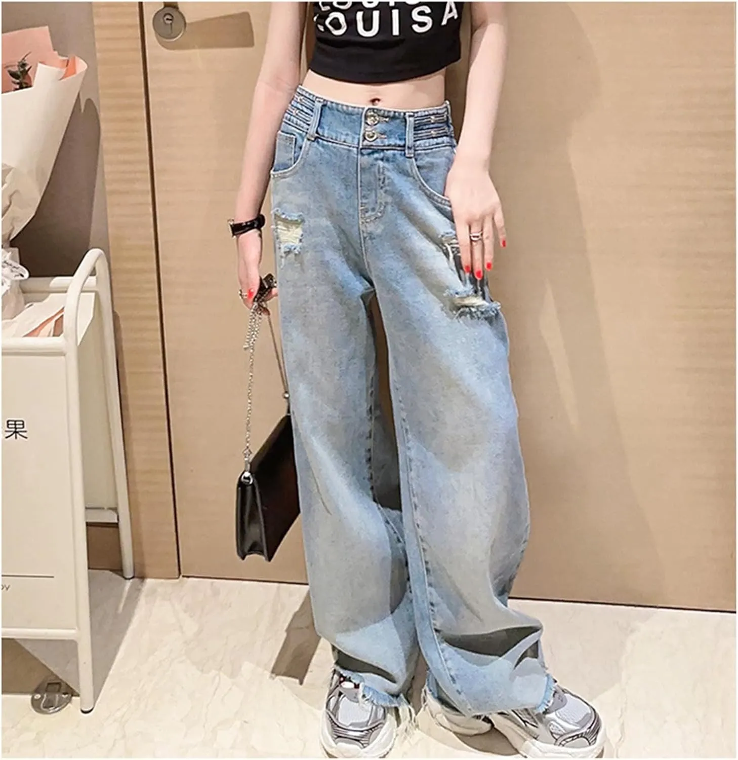Girl's Y2k Distressed Ripped Jeans Baggy High Rise Wide Leg Raw Hem Denim Pants Summer Loose Straight Trousers with Pockets