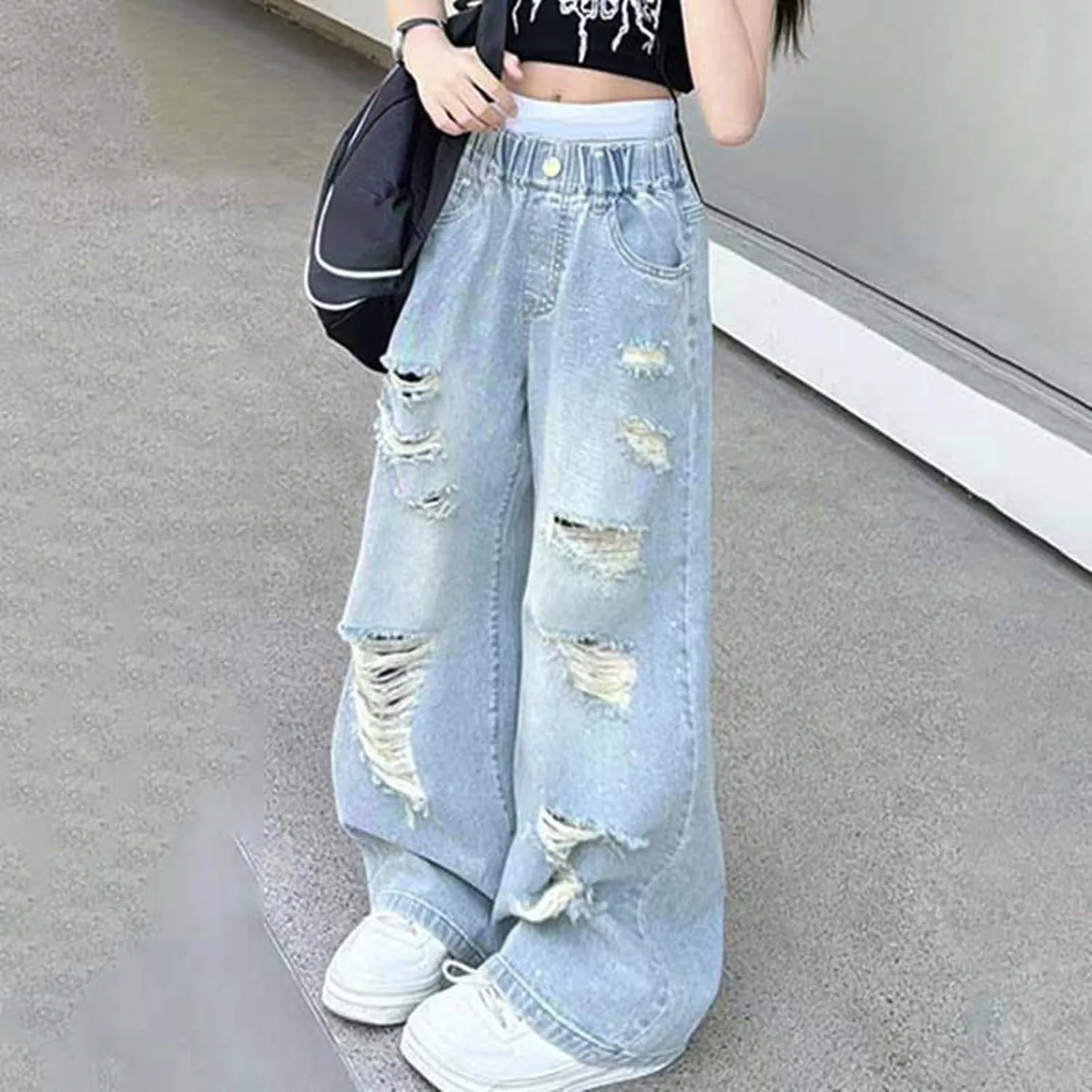 Girl's Y2k Distressed Ripped Jeans Baggy High Rise Wide Leg Raw Hem Denim Pants Summer Loose Straight Trousers with Pockets