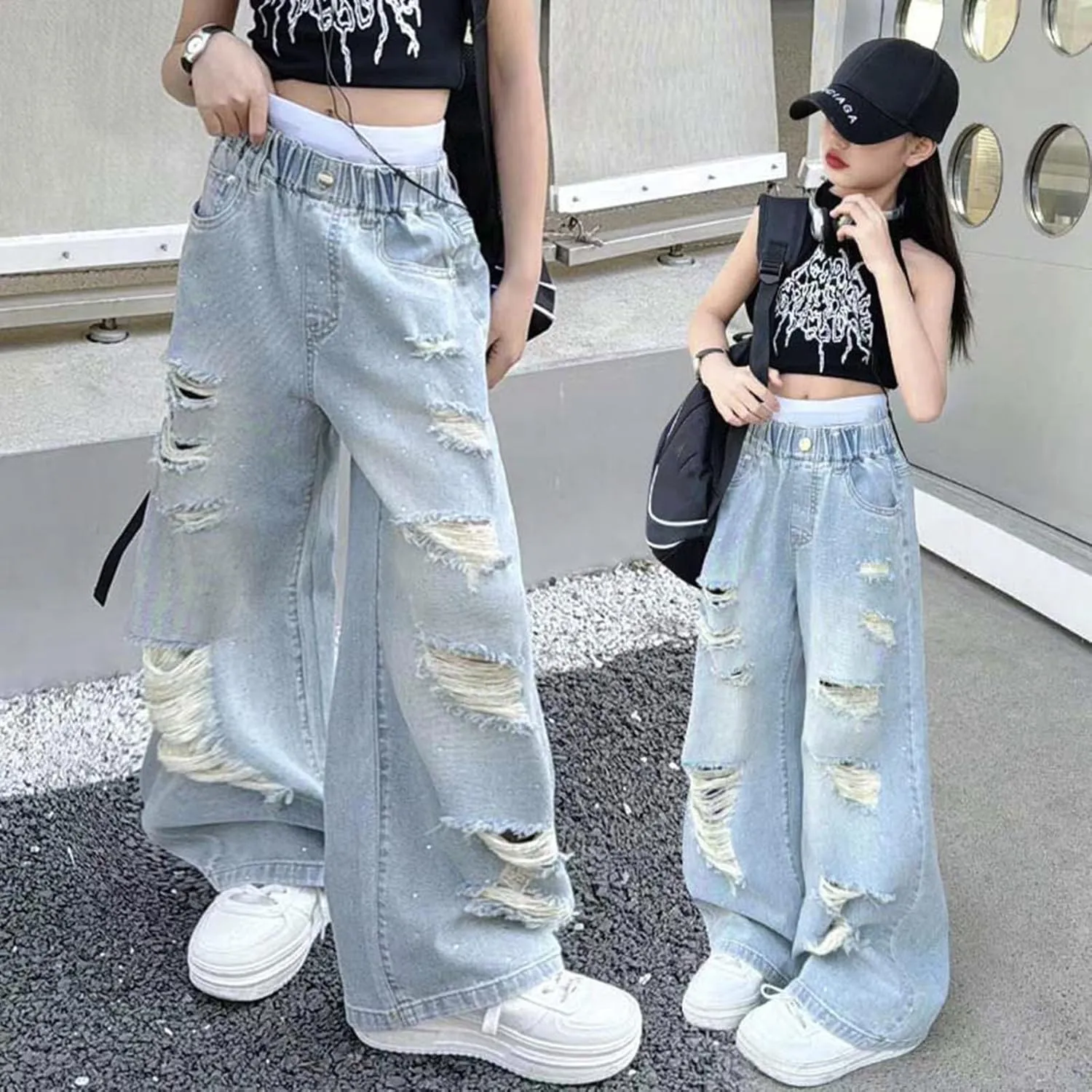 Girl's Y2k Distressed Ripped Jeans Baggy High Rise Wide Leg Raw Hem Denim Pants Summer Loose Straight Trousers with Pockets
