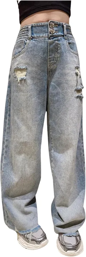 Girl's Y2k Distressed Ripped Jeans Baggy High Rise Wide Leg Raw Hem Denim Pants Summer Loose Straight Trousers with Pockets