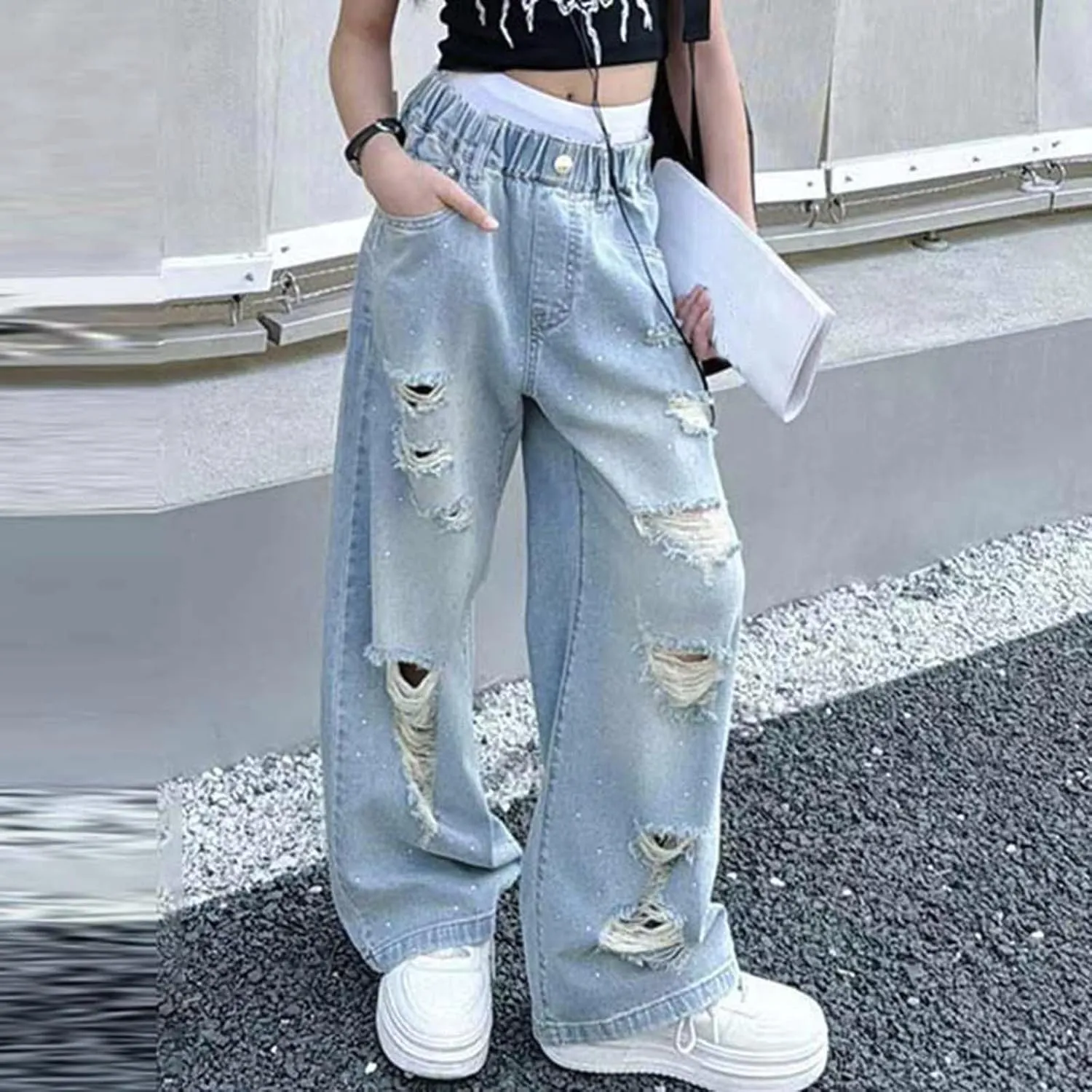 Girl's Y2k Distressed Ripped Jeans Baggy High Rise Wide Leg Raw Hem Denim Pants Summer Loose Straight Trousers with Pockets