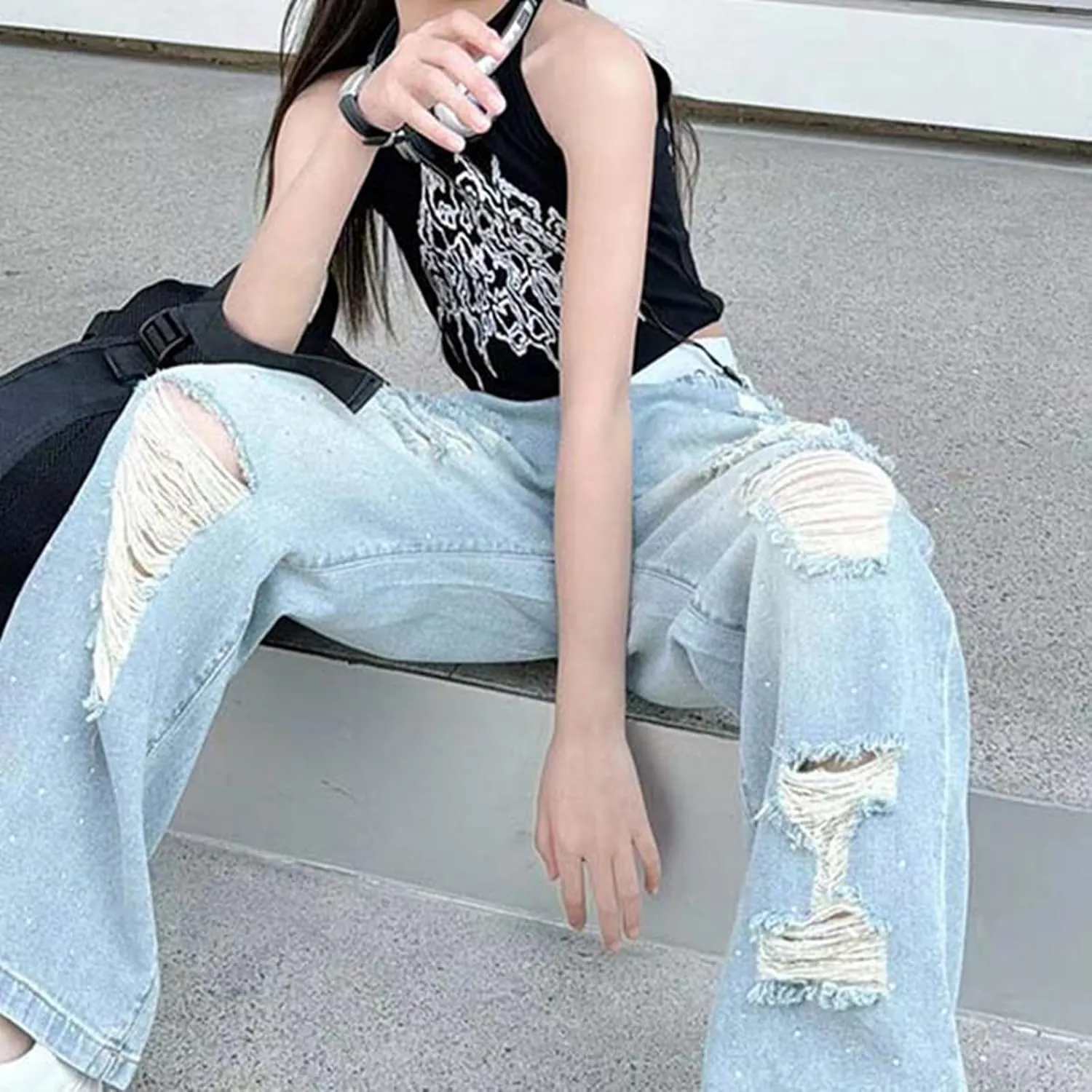 Girl's Y2k Distressed Ripped Jeans Baggy High Rise Wide Leg Raw Hem Denim Pants Summer Loose Straight Trousers with Pockets