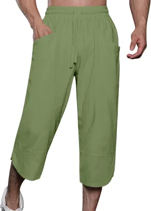 GOKKILRW Mens Pants Mens Linen Pants Casual Lightweight Beach Chino Pants Cropped Summer Capri Pants Drawstring Elastic Waist