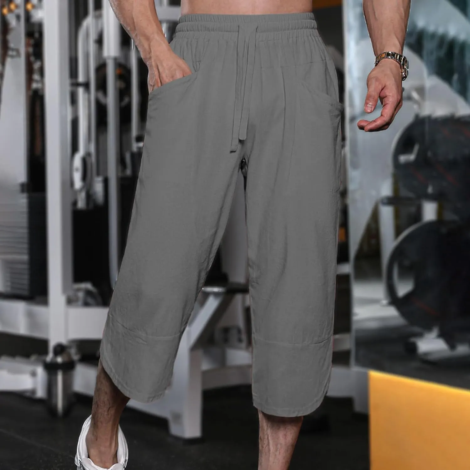 GOKKILRW Mens Pants Mens Linen Pants Casual Lightweight Beach Chino Pants Cropped Summer Capri Pants Drawstring Elastic Waist