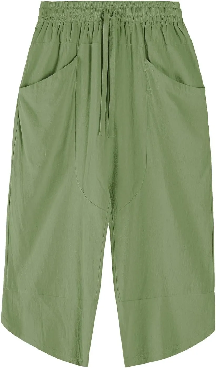 GOKKILRW Mens Pants Mens Linen Pants Casual Lightweight Beach Chino Pants Cropped Summer Capri Pants Drawstring Elastic Waist