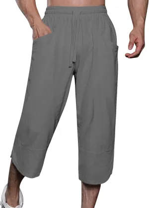 GOKKILRW Mens Pants Mens Linen Pants Casual Lightweight Beach Chino Pants Cropped Summer Capri Pants Drawstring Elastic Waist