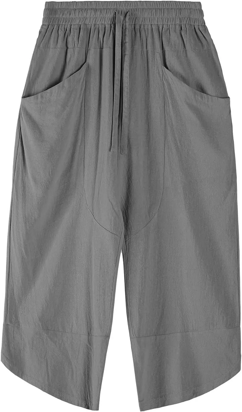 GOKKILRW Mens Pants Mens Linen Pants Casual Lightweight Beach Chino Pants Cropped Summer Capri Pants Drawstring Elastic Waist