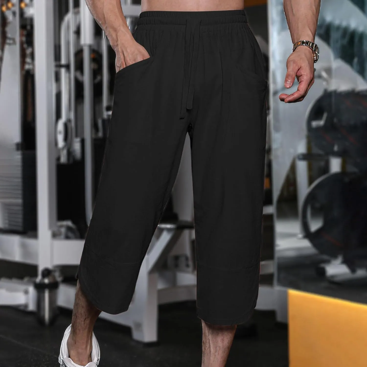 GOKKILRW Mens Pants Mens Linen Pants Casual Lightweight Beach Chino Pants Cropped Summer Capri Pants Drawstring Elastic Waist