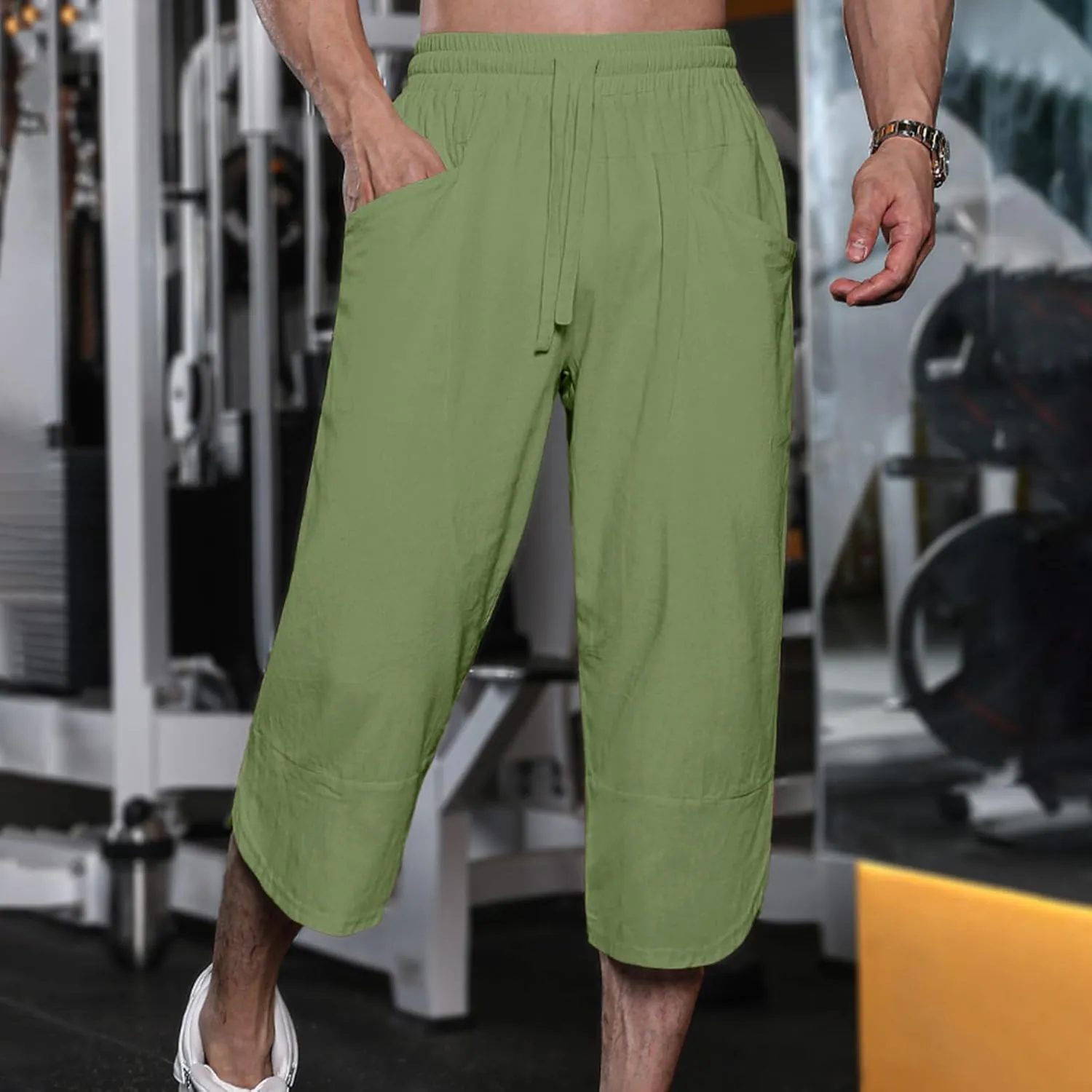 GOKKILRW Mens Pants Mens Linen Pants Casual Lightweight Beach Chino Pants Cropped Summer Capri Pants Drawstring Elastic Waist