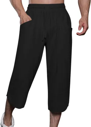 GOKKILRW Mens Pants Mens Linen Pants Casual Lightweight Beach Chino Pants Cropped Summer Capri Pants Drawstring Elastic Waist