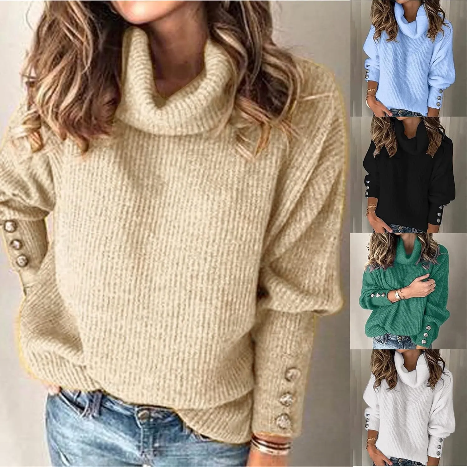 GOKKILRW Womens Oversized Turtleneck Long Sleeve Knitted Sweater Casual Loose Warm Chunky Knit Pullover Knit Jumper Sweaters