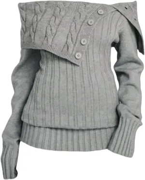 GORGLITTER Women's Off The Shoulder Foldover Sweater Button Long Sleeve Cable Knit Sweaters Top
