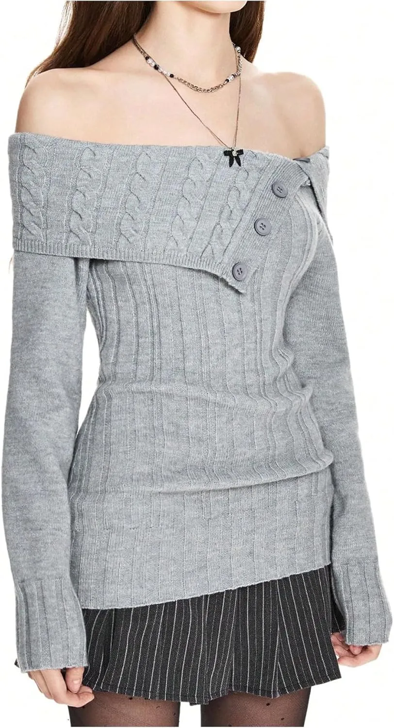 GORGLITTER Women's Off The Shoulder Foldover Sweater Button Long Sleeve Cable Knit Sweaters Top
