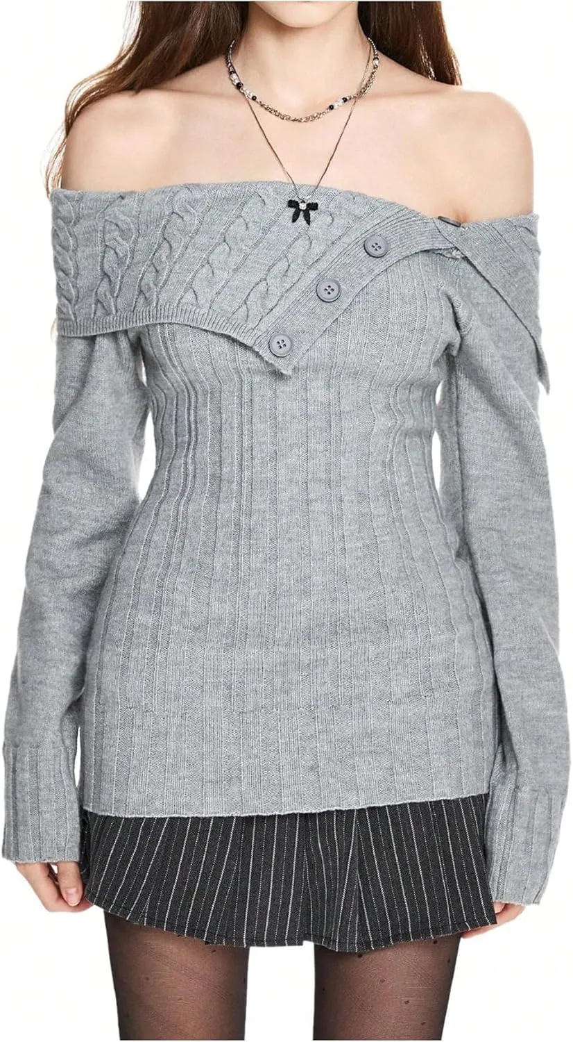 GORGLITTER Women's Off The Shoulder Foldover Sweater Button Long Sleeve Cable Knit Sweaters Top