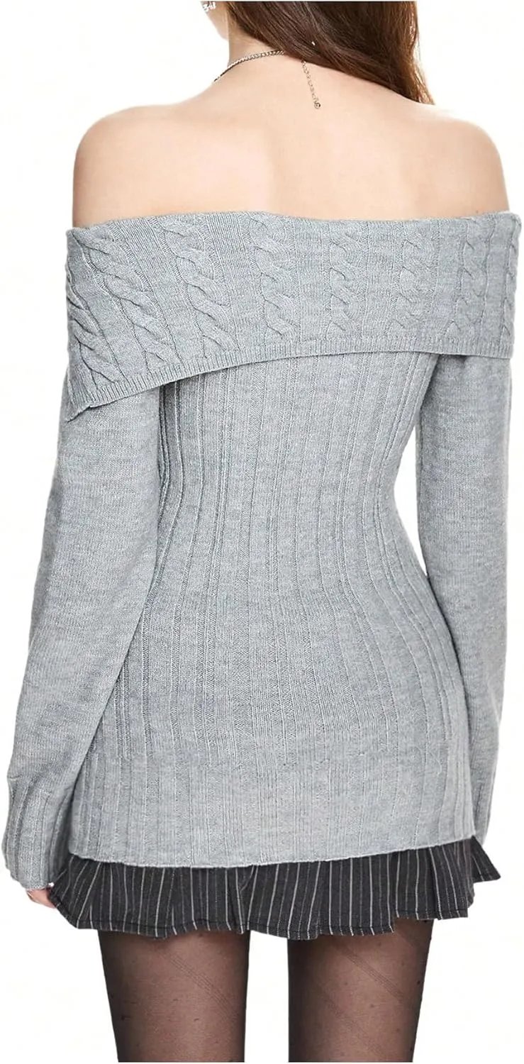 GORGLITTER Women's Off The Shoulder Foldover Sweater Button Long Sleeve Cable Knit Sweaters Top