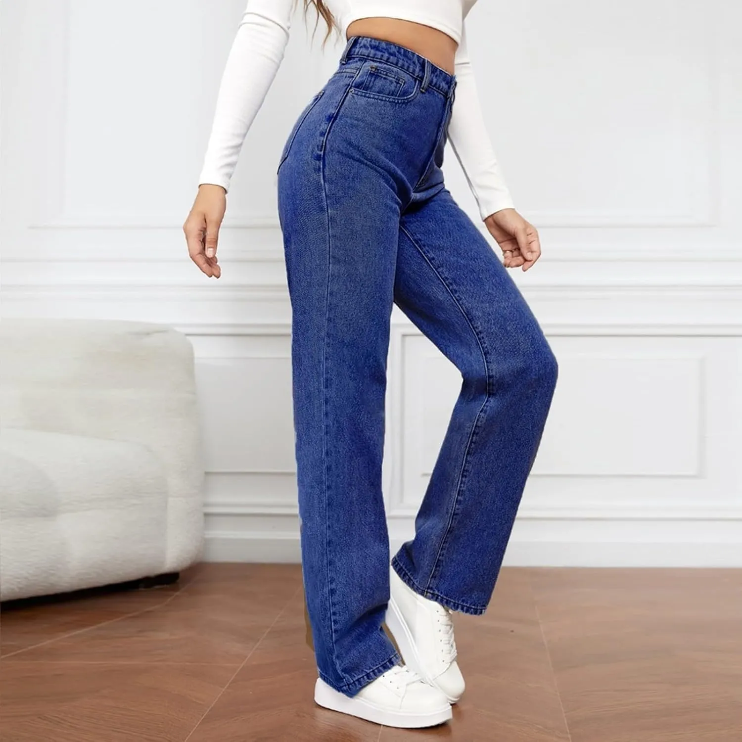 Gumipy Straight Leg Jeans for Women Boyfriend High Waisted Jeans Trendy Tummy Control Jeans Casual Denim Pants with Pockets