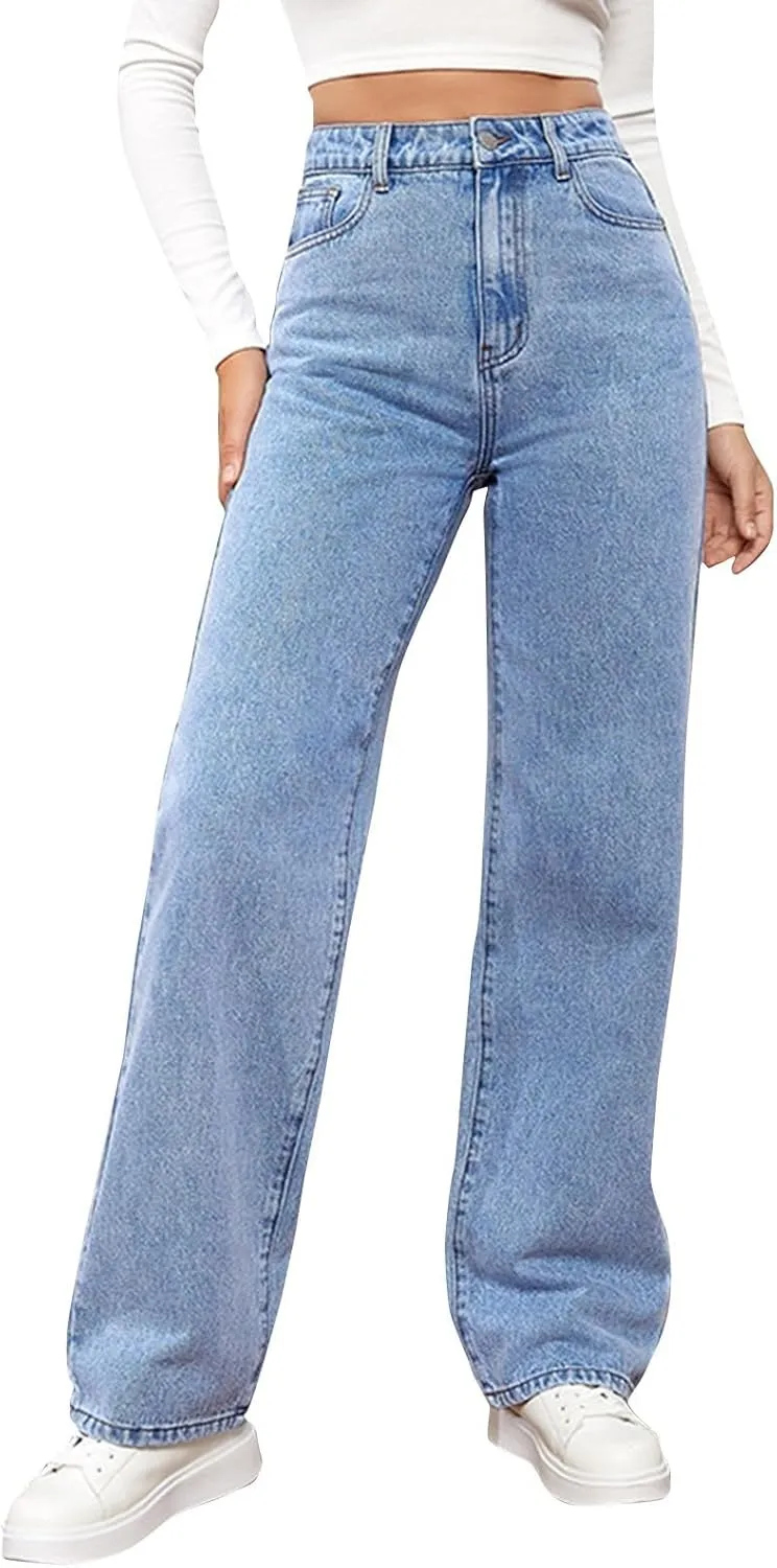 Gumipy Straight Leg Jeans for Women Boyfriend High Waisted Jeans Trendy Tummy Control Jeans Casual Denim Pants with Pockets