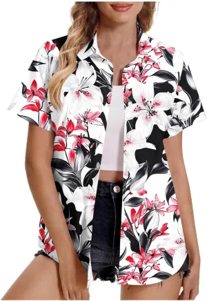 Hawaiian Shirt for Women Button Down Floral Print Short Sleeve Vacation Beach Tops Summer Plus Size Cardigan Blouse