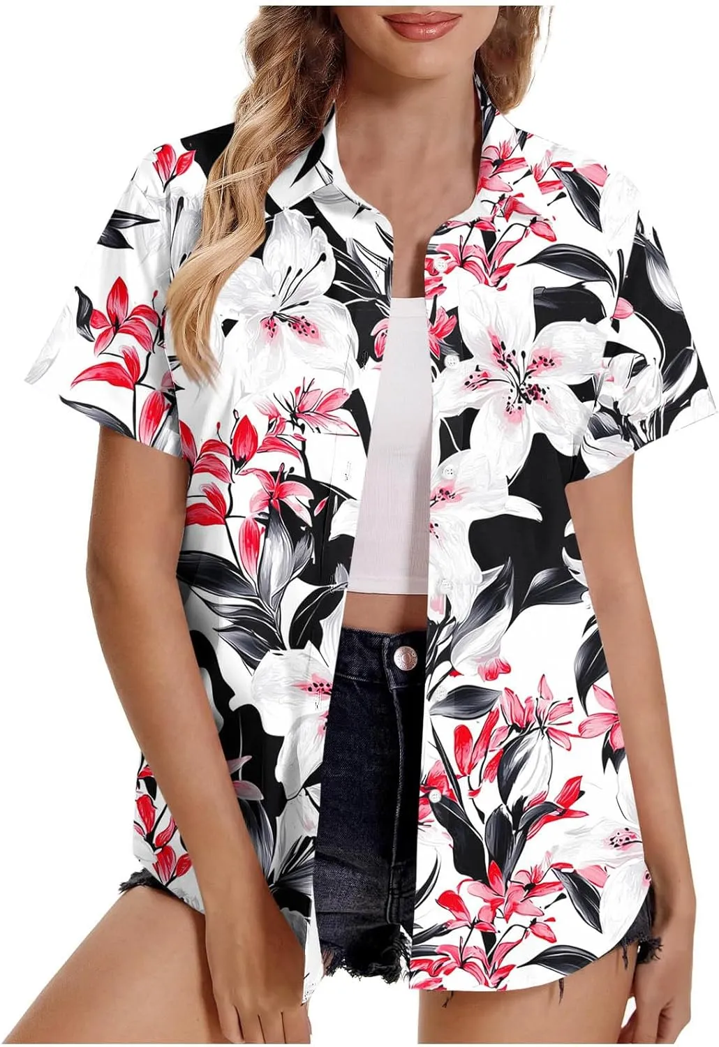 Hawaiian Shirt for Women Button Down Floral Print Short Sleeve Vacation Beach Tops Summer Plus Size Cardigan Blouse