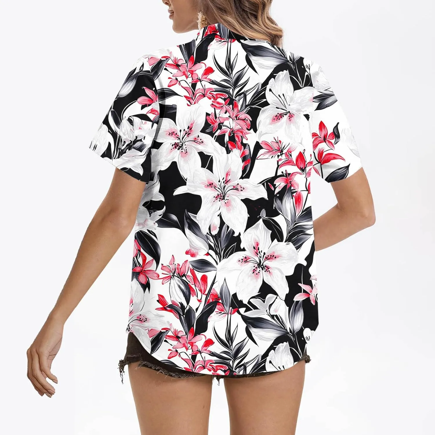 Hawaiian Shirt for Women Button Down Floral Print Short Sleeve Vacation Beach Tops Summer Plus Size Cardigan Blouse
