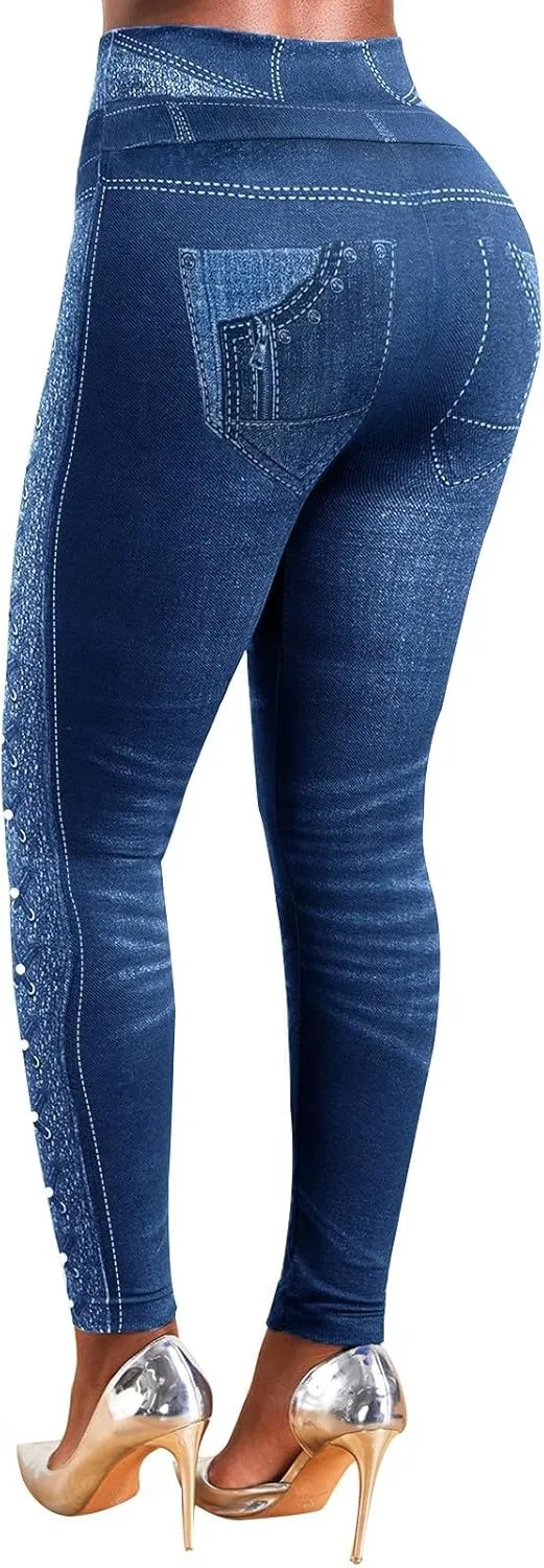 HGps8w Women's High Waisted Skinny Jeans Chic Pearls Decor Stretch Slim Fitted Denim Pants