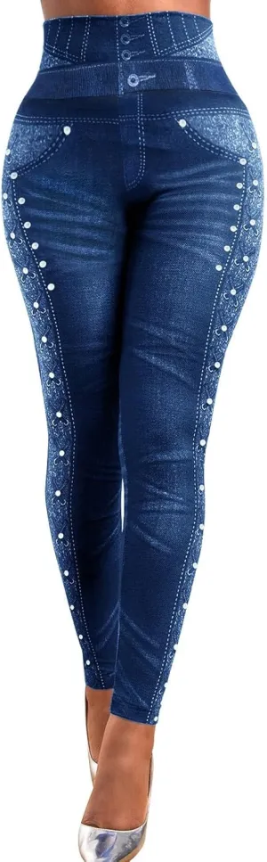 HGps8w Women's High Waisted Skinny Jeans Chic Pearls Decor Stretch Slim Fitted Denim Pants