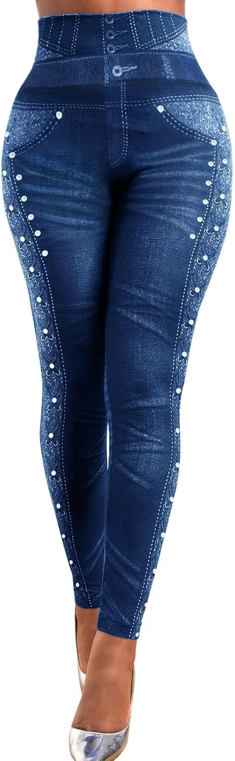 HGps8w Women's High Waisted Skinny Jeans Chic Pearls Decor Stretch Slim Fitted Denim Pants