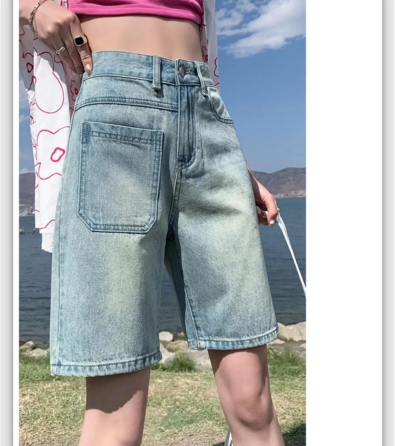 High Waisted Denim Bermuda Shorts for Women Straight Wide Leg High Rise Jean Shorts Y2k Baggy Shorts with Pockets