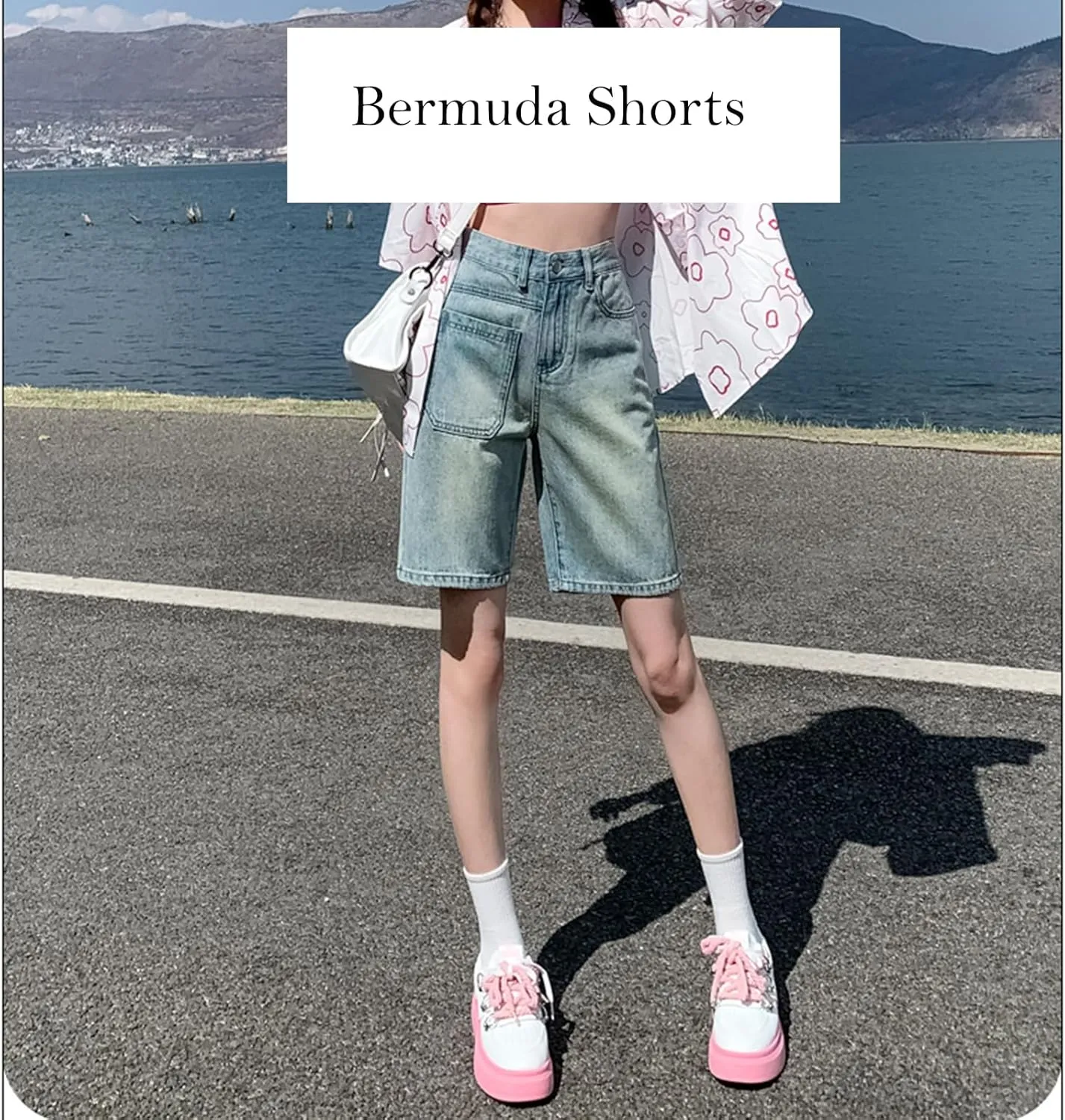 High Waisted Denim Bermuda Shorts for Women Straight Wide Leg High Rise Jean Shorts Y2k Baggy Shorts with Pockets